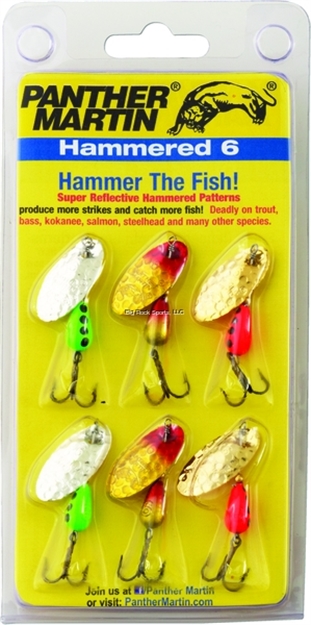 Picture of Panther Martin Hammered Regular Spinner, #4/#6, 1/4 Oz/1/8 Oz, Gold/Silver/Yellow Red, 6/Pack