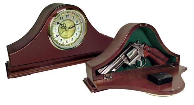 Picture of  Peace Keeper Mgc Mantle Gun Clock  Front Panel Entry Mahogany Stain Wood Holds 1 Handgun 14.62" L X 7.37" H X 3.75" D 797053100084