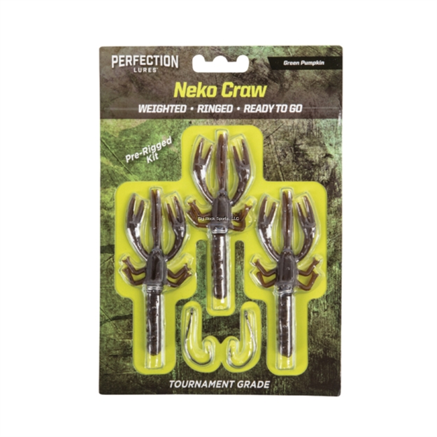 Picture of Perfection Lures Neko Craw Pre-Rigged Kit-Green Pumpkin: 3 Softbaits, 2 Hooks, Weighted, Ringed, Ready TO GO
