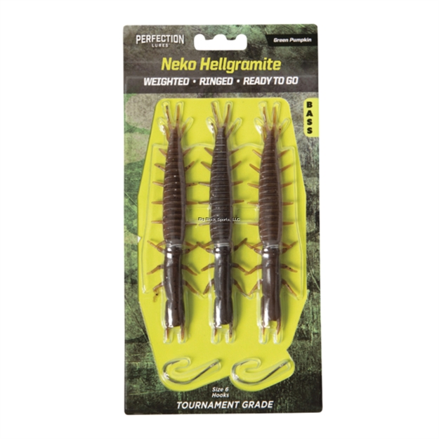 Picture of Perfection Lures Neko Hellgrammite Pre-Rigged Kit-Green Pumpkin: 3 Softbaits, Size 6 Hooks, Weighted, Ringed, Ready TO GO