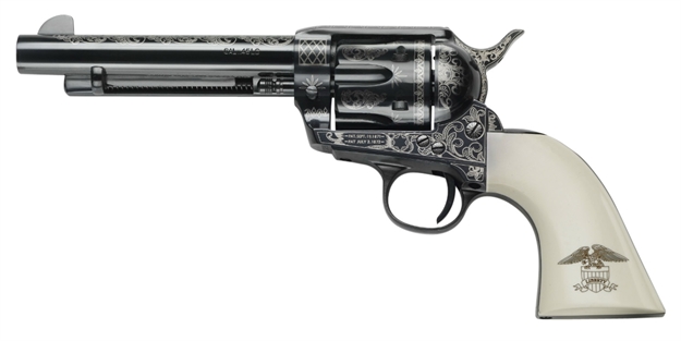Picture of  Pietta Gw45lle434nmui 1873 Gw2 Liberty 45 Colt (Lc) 6 Shot, 4.75" Blued Engraved Steel Barrel, Cylinder, Frame & Hammer, Ultra Ivory Grip W/Engraved Liberty Eagle
