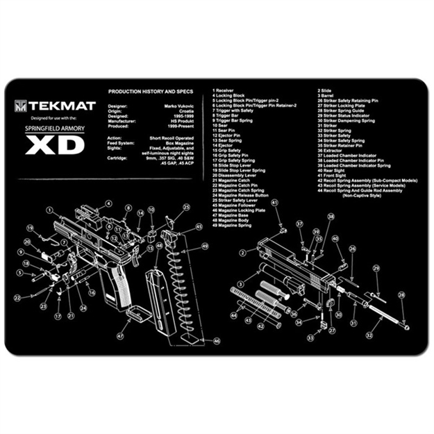 Picture of Tekmat Tekr17xd Springfield Armory XD Cleaning Mat Black/White Rubber 11"X17" Springfield Armory XD Parts Diagram 17-XD