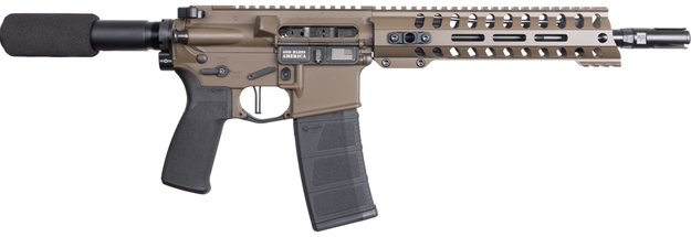 Picture of  Patriot Ordnance Factory 01803 Minuteman DI 5.56X45mm 30+1 10.50" Nitride Treated Chrome Moly Barrel, 9" M-Lok Handguard, Patriot Brown Cerakote Receiver, Black Synthetic Buffer Tube, Black Mft Grips 847313018038