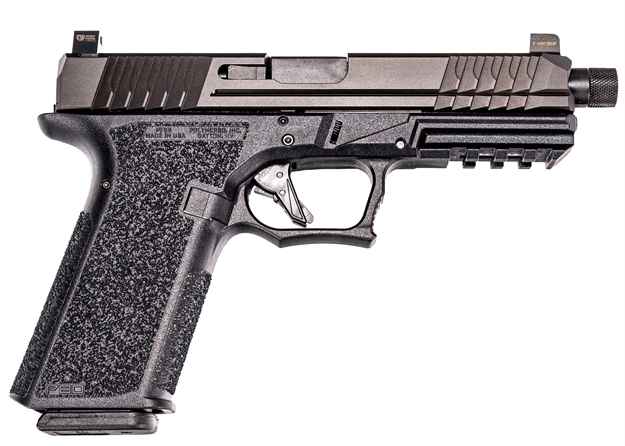 Picture of  Polymer80 Pfs9tfnsblk Pfs9 Full-Size 9Mm Luger 17+1 4.49" Fluted, Threaded Barrel Black Nitride Serrated Slide Black Polymer Frame W/Picatinny Rail Black Aggressive Textured Polymer Grips Right Hand 819925022611
