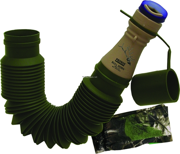 Picture of Primos Bull Horn Elk Call, Suport Shelf With Blue Reed, Extends From 7" TO 24",  W/Mouthpiece, Camo Cover 1 Snap-On Reed