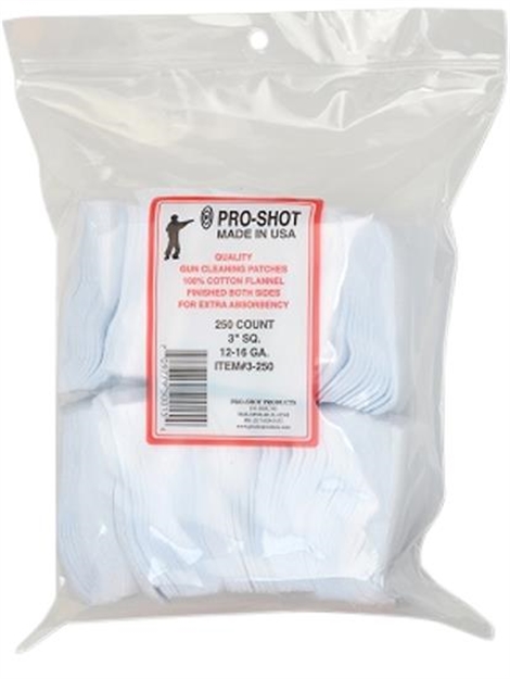 Picture of Pro-Shot 3250 Cleaning Patches  12-16 Gauge 3" Square Cotton Flannel 250 Pack 3-250 709779500154