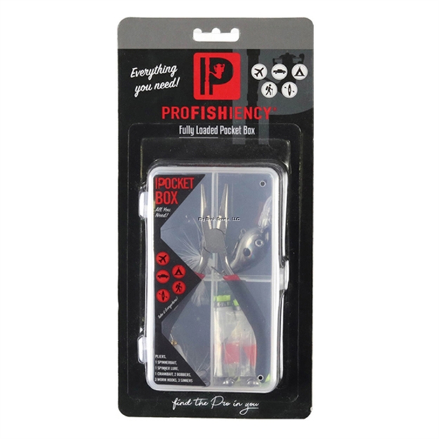 Picture of Profishiency 4 Compartment Pocket Box,Mini Pliers,1 Spinnerbait,1 Spinner Lure,1 Crankbait,2 Bobbers,3 Worm Hooks,3 Sinkers