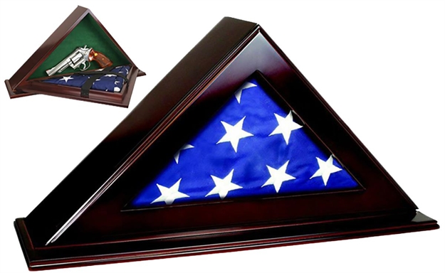 Picture of  Peace Keeper Pfc Patriot Flag Case  Key Entry Mahogany Stain Wood Holds 1 Handgun 22" W X 4.25" D X 11.50" H
