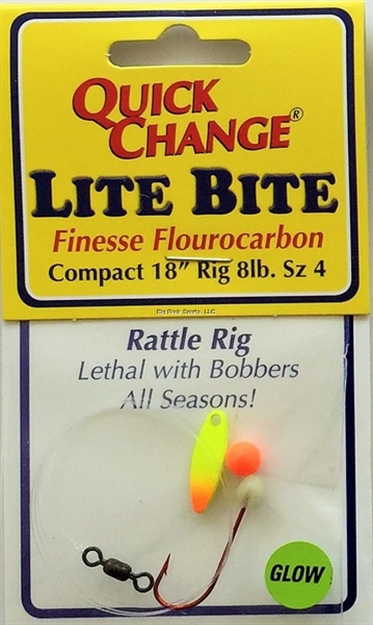 Picture of Quick Change Lite Bite Flouro Rattle Rig, 18" 8Lb Snell, #4 Red Sproat Hook, Sz1 Kicker Blade, Chart Org, 6Mm Rattle Bead 1/Cd
