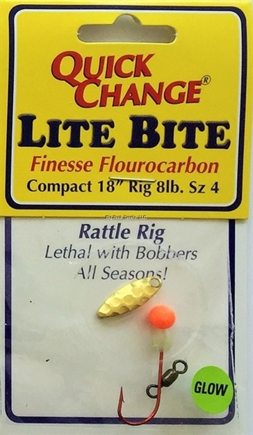 Picture of Quick Change Lite Bite Flouro Rattle Rig, 18" 8Lb Snell, #4 Red Sproat Hook, Sz1 Kicker Blade, Ham Brass, 6Mm Rattle Bead 1/Cd