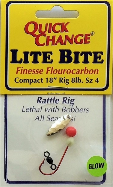 Picture of Quick Change Lite Bite Flouro Rattle Rig, 18" 8Lb Snell, #4 Red Sproat Hook, Sz1 Kicker Blade, Ham Nickel, 6Mm Rattle Bead 1/Cd