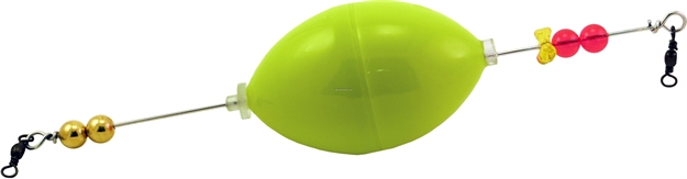 Picture of Rainbow B52 Popping Cork, Chartreuse Plastic Float With Internal Rattles ON 7" Rig With Brass Clack Beads Blister Pack