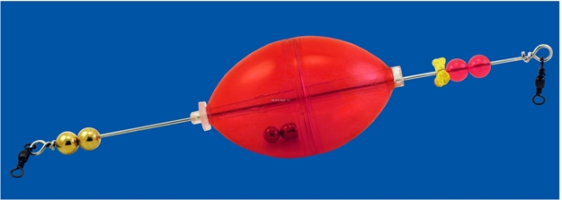 Picture of Rainbow B52 Popping Cork, Trans. Red Plastic Float With Internal Rattles ON 7" Rig With Brass Clack Beads Blister Pack