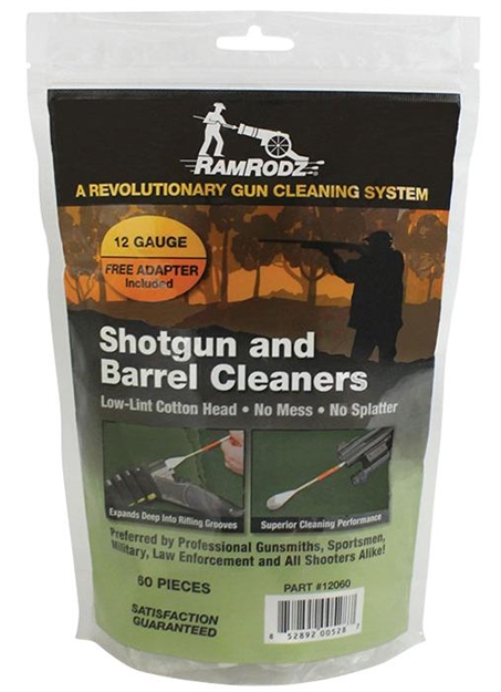 Picture of  Ramrodz 12060 Shotgun & Barrel Cleaning Swabs 12 Gauge Shotgun Firearm Cotton/Bamboo 3" Long 60 Per Bag Includes Two Shotgun Adapters 852892005287