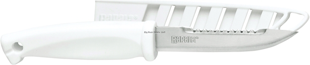 Picture of Rapala Bait Knife, 4" Stainless Blade, Serrated Upper Blade, White Comfort Grip Handle, Open Sheath
