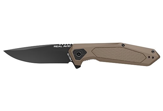 Picture of  Real Avid Avrav3 Rav-3  3.25" Folding Drop Point Plain Black Oxide 8Cr13mov SS Blade, Flat Dark Earth Textured Aluminum/Ss Handle, Clamshell Pkg
