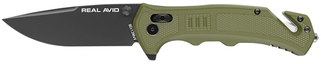 Picture of  Real Avid Avrav4 Rav-4  3.25" Folding Drop Point Plain Black Oxide 8Cr13mov SS Blade, OD Green Textured Gfn Handle, Clamshell Pkg 813119015038