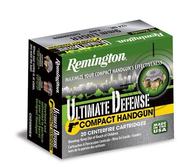 Picture of Remington Ultimate Defense Compact Handgun Pistol Ammo 9Mm, Bjhp, 124 Gr, 1100 Fps, 20 Rnd, Boxed 047700427706 -