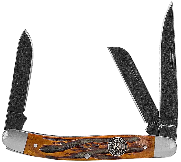 Picture of  Remington Accessories 15643 Backwoods Stockman Folding Stonewashed Carbon Steel Blade Coffee Brown W/Remington Medallion Bone Handle 047700156439