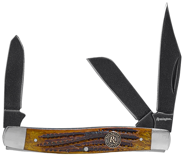 Picture of  Remington Accessories 15645 Backwoods Stockman Folding Stonewashed Carbon Steel Blade Coffee Brown W/Remington Medallion Bone Handle 047700156453