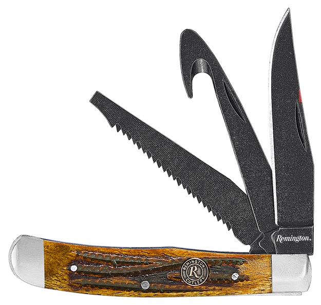 Picture of  Remington Accessories 15648 Backwoods Trapper Folding Stonewashed Carbon Steel Blade Coffee Brown W/Remington Medallion Bone Handle