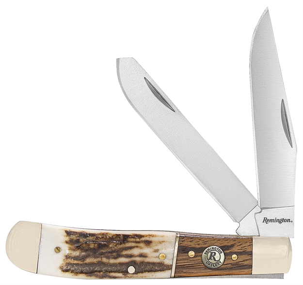 Picture of  Remington Accessories 15652 Guide Trapper Folding Stainless Steel Blade Brown/White/Silver W/Remington Shield Stag Bone/Nickle Handle 047700156521