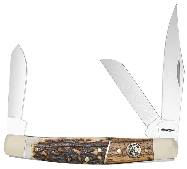 Picture of  Remington Accessories 15653 Guide Stockman Folding Stainless Steel Blade Brown/White/Silver W/Remington Shield Stag Bone/Nickle Handle 047700156538