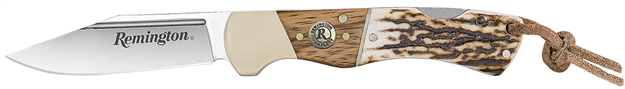 Picture of  Remington Accessories 15654 Guide Lock Back 4.00" Folding V-Flat Stainless Steel Blade, Stag Bone Handle W/Remington Shield, Nickle Silver Bolsters, Includes Leather Lanyard 047700156545