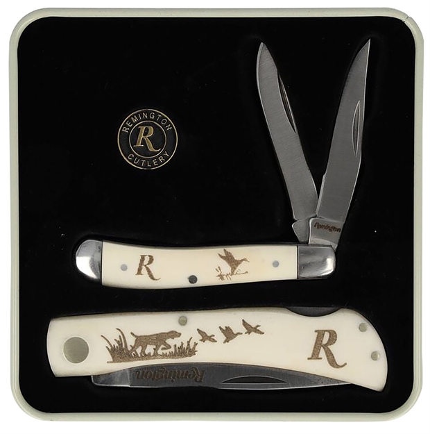 Picture of  Remington Accessories 15686 Duck Tin Collector Gift Set 2.75" Peanut/3.5" Lockback V-Flat Stainless Steel Blade White Bone Includes