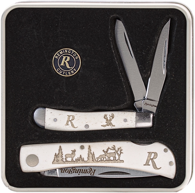 Picture of  Remington Accessories 15685 Mule Deer Tin Collector Gift Set 2.75" Peanut/3.5" Lockback V-Flat Stainless Steel Blade White Bone W/ Etched Mule Deer Includes