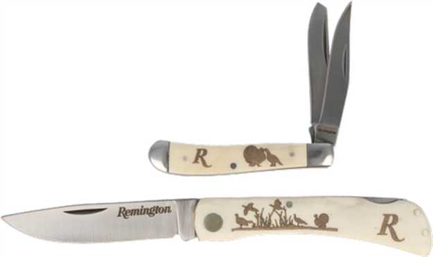 Picture of  Remington Accessories 15687 Turkey Tin Collector Gift Set 2.75" Peanut/3.5" Lockback V-Flat Stainless Steel Blade White Bone W/ Etched Wild Turkey Includes