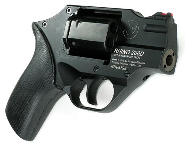 Picture of Chiappa Firearms Rhino Revolver 200D Black 357 Mag Fiber Optic Front Sight Small Grip 3 Moon Clips Leather Holster 6Rnd CF340.217