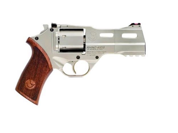 Picture of Chiappa Firearms Cf340245 Rhino 40Sar *Ca Compliant Medium Frame 357 Mag 6 Shot, 4" Nickel-Plated Steel Barrel & Cylinder, Nickel-Plated Aluminum Frame W/Picatinny Rail, Walnut Grip, Concealed Hammer CF340.245 053670714151