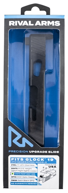 Picture of  Rival Arms Ra-Ra11g205e Precision Slide A1 With Docter Cut Satin Qpq Black 17-4 Stainless Steel Mos Height Tritium Night Sights With White Front Installed For Glock 19 Gen4