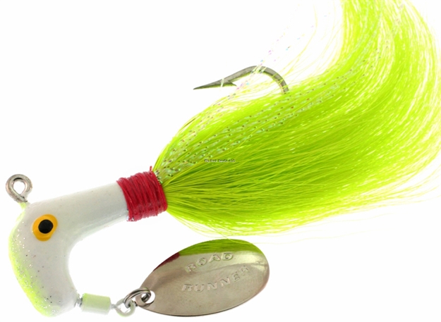 Picture of Road Runner Striper Bucktail Jig W/Spinner, 1 Oz, Chartreuse/White/Red/Chartreuse Strip, Strip Card