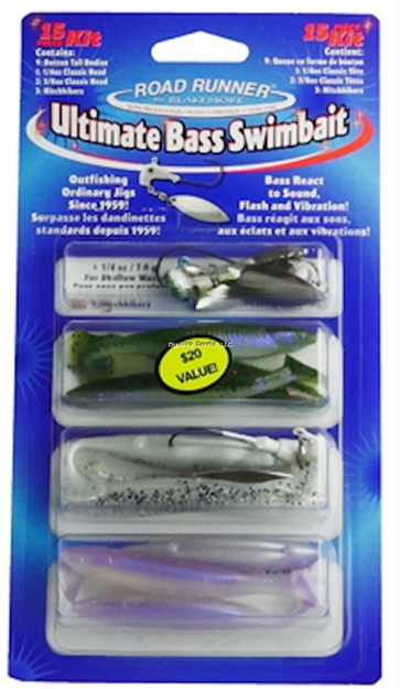Picture of Road Runner Ultimate Bass Swimbait Kit 15 PC  (3 Classic Heads, 9 3.5" Button-Tail Bodies, And 3 Hitchhiker Ez-Hold Coils)