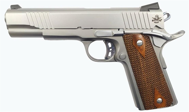 Picture of  Rock Island 51414 Rock Standard FS *Ca Compliant 45 Acp Caliber With 5" Barrel, 8+1 Capacity, Overall Matte Stainless Steel Finish, Beavertail Frame, Serrated Slide & Double Checkered Wood Grip