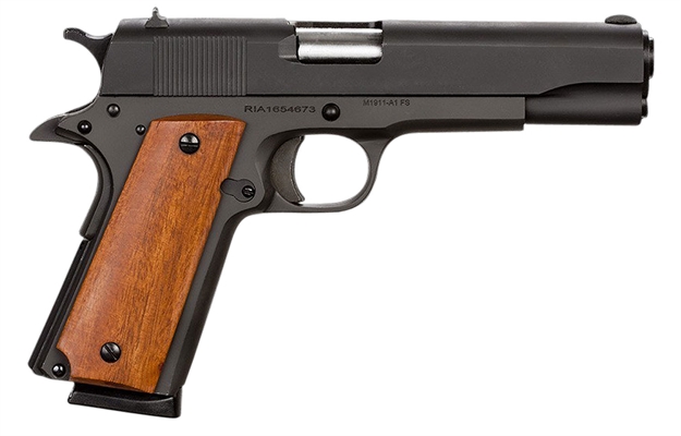 Picture of  Rock Island 51421 GI Standard FS *Ca Compliant 45 Acp Caliber With 5" Barrel, 8+1 Capacity, Overall Black Parkerized Finish Steel, Beavertail Frame, Serrated Slide & Wood Grip