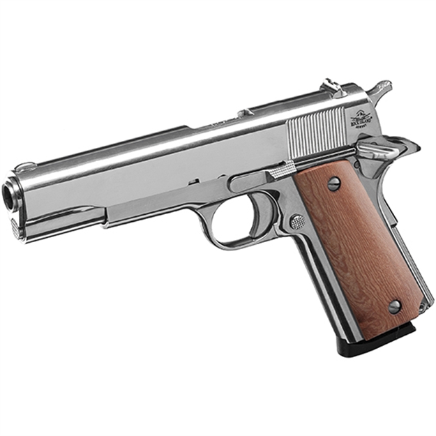 Picture of  Rock Island 51433 GI Standard FS 45 Acp Caliber With 5" Barrel, 8+1 Capacity, Overall Polished Nickel Finish Steel, Beavertail Frame, Serrated Slide & Wood Grip