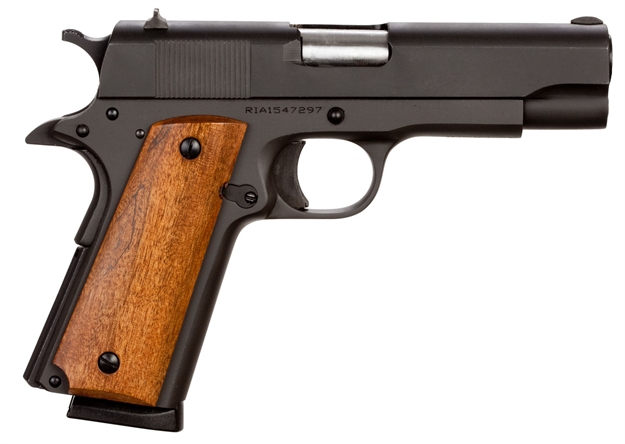 Picture of  Rock Island 51417 GI Standard MS *Ca Compliant 45 Acp Caliber With 4.20" Barrel, 8+1 Capacity, Overall Black Parkerized Finish Steel, Beavertail Frame, Serrated Slide & Wood Grip