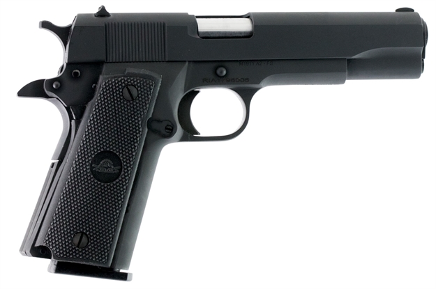 Picture of  Rock Island 51453 GI Standard Fshc *Ca Compliant 45 Acp Caliber With 5" Barrel, 10+1 Capacity, Overall Black Parkerized Finish Steel, Beavertail Frame, Serrated Slide & Black Rubber Grip 806015514534