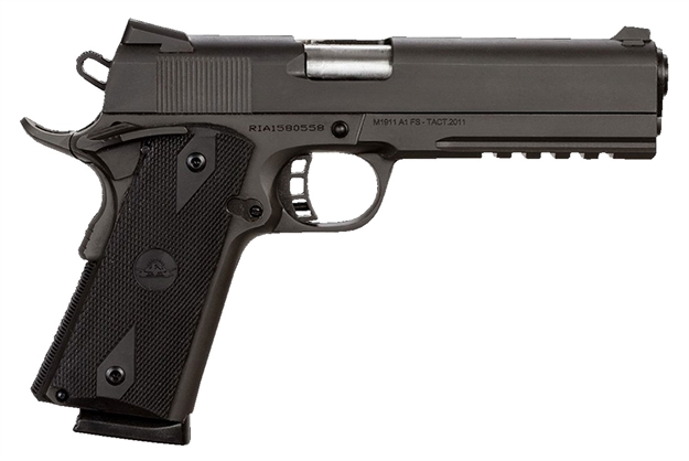 Picture of  Rock Island 51484 Tac Standard FS 45 Acp Caliber With 5" Barrel, 8+1 Capacity, Overall Black Parkerized Finish Steel, Picatinny Rail/Beavertail Frame, Serrated Slide & Black Rubber Grip