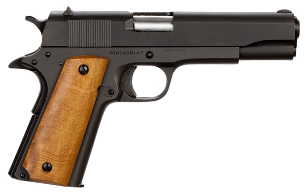Picture of  Rock Island 51815 GI Standard FS *Ca Compliant 38 Super Caliber With 5" Barrel, 10+1 Capacity, Overall Black Parkerized Finish Steel Beavertail Frame, Serrated Slide & Wood Grip