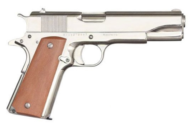 Picture of  Rock Island 51814 GI Standard FS *Ca Compliant 38 Super Caliber With 5" Barrel, 10+1 Capacity, Overall Polished Nickel Finish Steel, Beavertail Frame, Serrated Slide & Wood Grip 806015518143