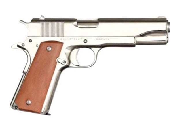Picture of  Rock Island 51433 GI Standard FS 45 Acp Caliber With 5" Barrel, 8+1 Capacity, Overall Polished Nickel Finish Steel, Beavertail Frame, Serrated Slide & Wood Grip