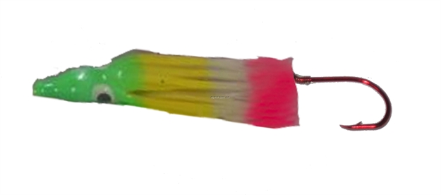 Picture of Rocky Mountain Signature Rigged Squid, 1.5", 2 Red Hooks, Double Glow Caribbean