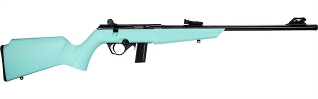 Picture of Rossi  Rb22  Compact 22 LR 10+1, 16" Matte Black Button Rifled Free Floating Steel Barrel, Matte Black Stainless Steel Receiver, Cyan Monte Carlo Stock, Right Hand RB22L1611C