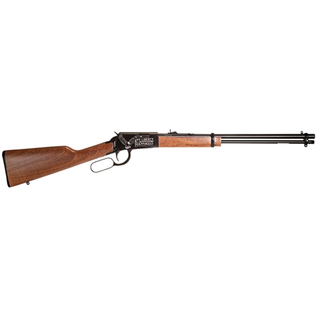Picture of  Rossi Rl22181wden19 Rio Bravo  Full Size 22 LR 15+1 18" Polished Black Steel Barrel, Polished Black W/July 4 Eagle Engraving Aluminum Receiver, Fixed German Beechwood Wood Stock