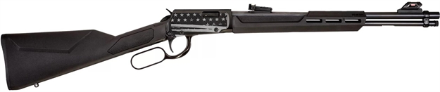 Picture of  Rossi Rl22181syen21 Rio Bravo  22 LR 15+1 18" Black Polished Alloy Steel Barrel, Black W/Engraved US Flag Aluminum Receiver, Black Synthetic Fixed Stock