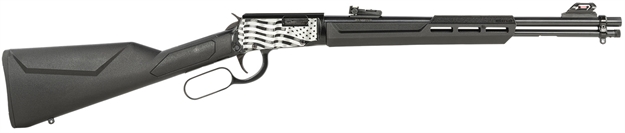 Picture of  Rossi Rl22181syen11 Rio Bravo  Lever Action 22 LR 15+1 18" Round Barrel, Black, Polished US Flag Engraved Rec, Synthetic Stock, Fiber Optic Sights 754908318100